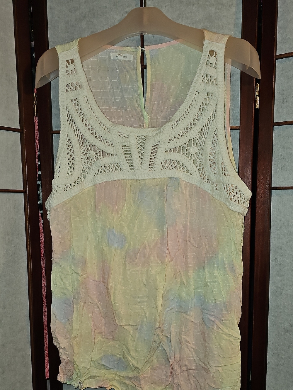Maurices Crochet Yoke Pastel Tie-Dye Tank - Cream Crochet, Yellow/Pink/Blue